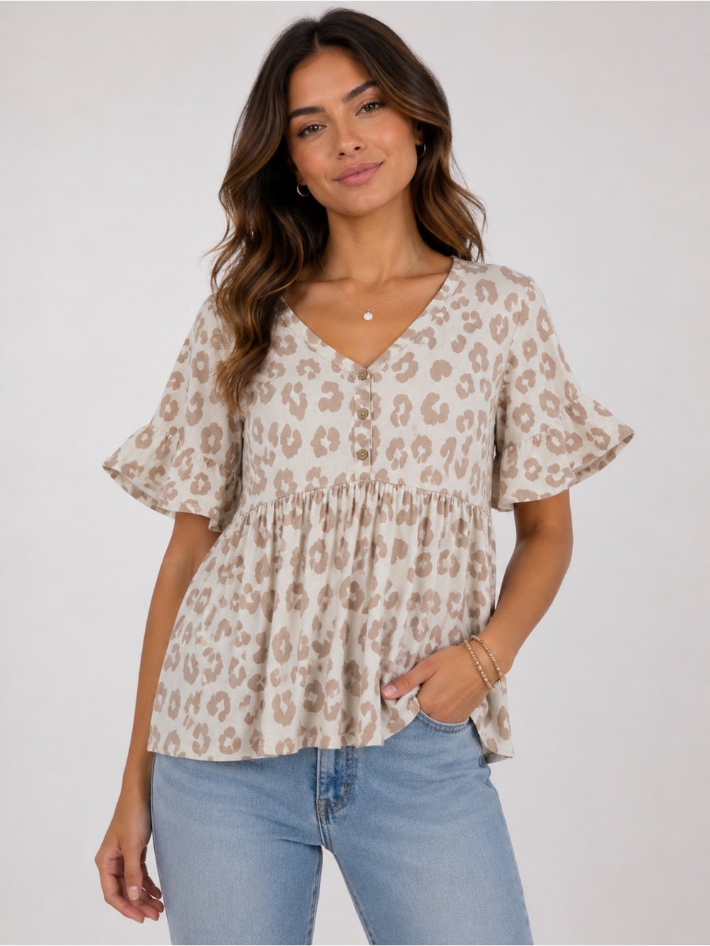 Lovely J Leopard Print Babydoll Top Small Cream Taupe Flutter Sleeve